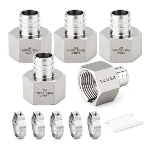 TAISHER 5PCS 304 Stainless Steel Pex Fittings34 Pex x 34 NPT Female34 Pex Fitting With 5PCS Hose Clamp For Pex Tubing Pipe - Image 1