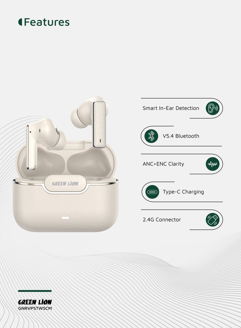 GREEN LION River Plus True Wireless Earbuds ANC + ENC Clarity and 2.4G Connector / Truewireless Headphones / Smart In-Ear Detection  / Wireless Charging / Waterproof Earbuds / Hands-Free Headphone / 6-Mic ENC Calls / In-Ear Headphones for Music, Calls & Gaming - Cream - Image 2