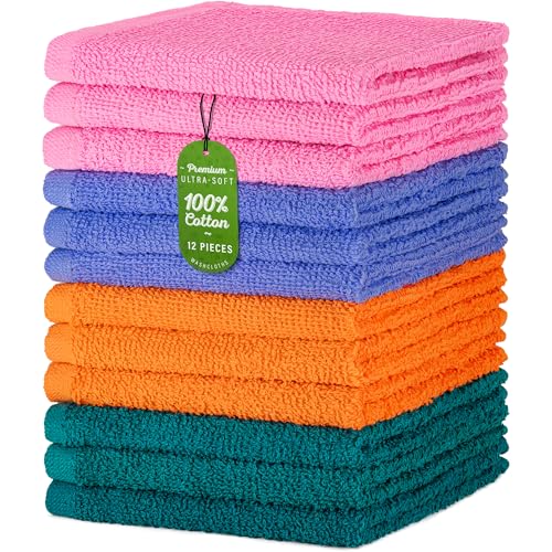DecorRack 12 Pack 100% Cotton Wash Cloth, Luxurious Soft, 12 x 12 inch Ultra Absorbent, Machine Washable Washcloths, Assorted Colors (12 Pack) - Image 1