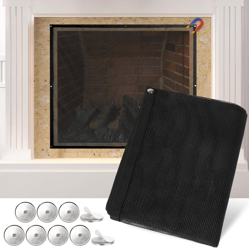 MyLifeUNIT Mesh Fireplace Cover 36 x 30 Magnetic Fireplace Screen Covers with Adhesive Metal Sheets Fit for Any Fireplaces Black Fireplace Guard Gate Protector for Living Room