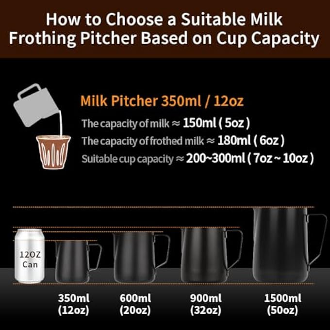 WATCHGET Milk Frothing Pitcher 12Oz350Ml  Espresso Steaming Pitcher Stainless Steel Milk Frothing Pitcher Cappuccino Latte Art Coffee Machine Accessories Milk Jug Milk Frother Cup Black - Image 5