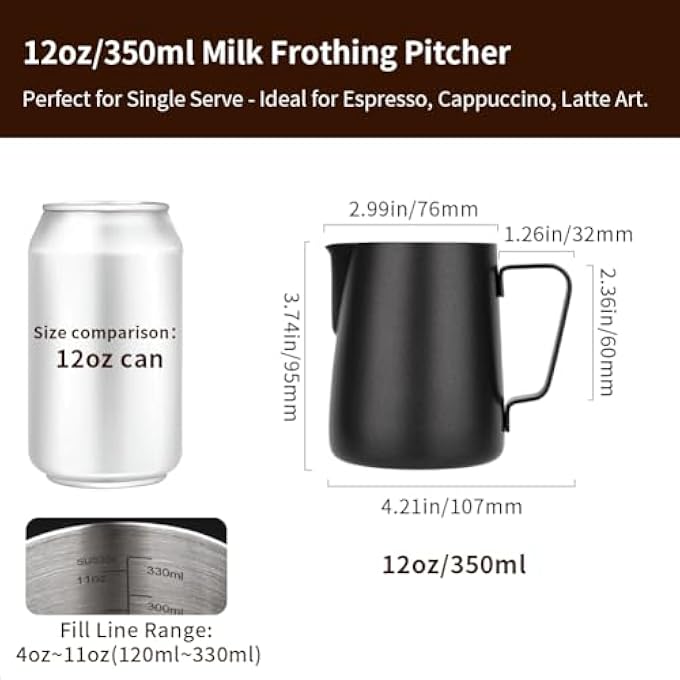 WATCHGET Milk Frothing Pitcher 12Oz350Ml  Espresso Steaming Pitcher Stainless Steel Milk Frothing Pitcher Cappuccino Latte Art Coffee Machine Accessories Milk Jug Milk Frother Cup Black - Image 3