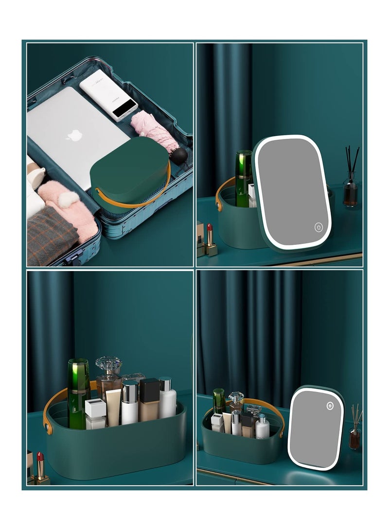 KASTWAVE Makeup Case with Mirror and LED Light, Portable Travel Makeup Organizer with Silicone Handle for Bedroom Camping Business Travel, Dark Green - Image 4