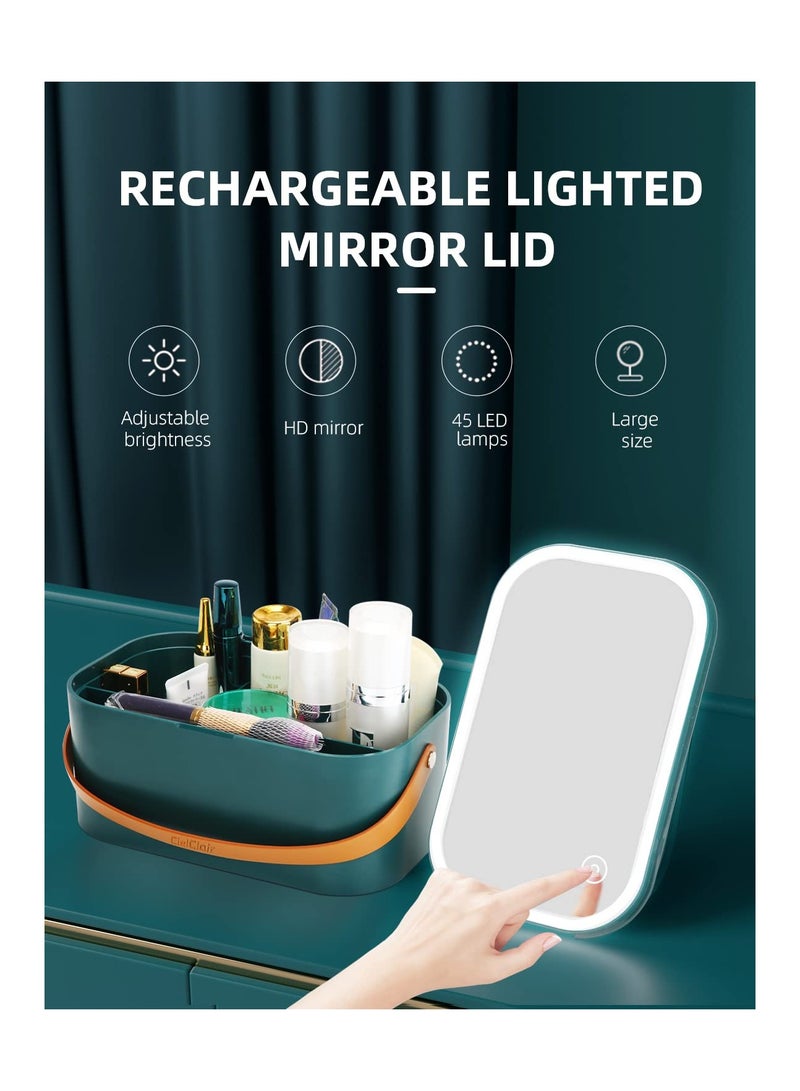 KASTWAVE Makeup Case with Mirror and LED Light, Portable Travel Makeup Organizer with Silicone Handle for Bedroom Camping Business Travel, Dark Green - Image 2