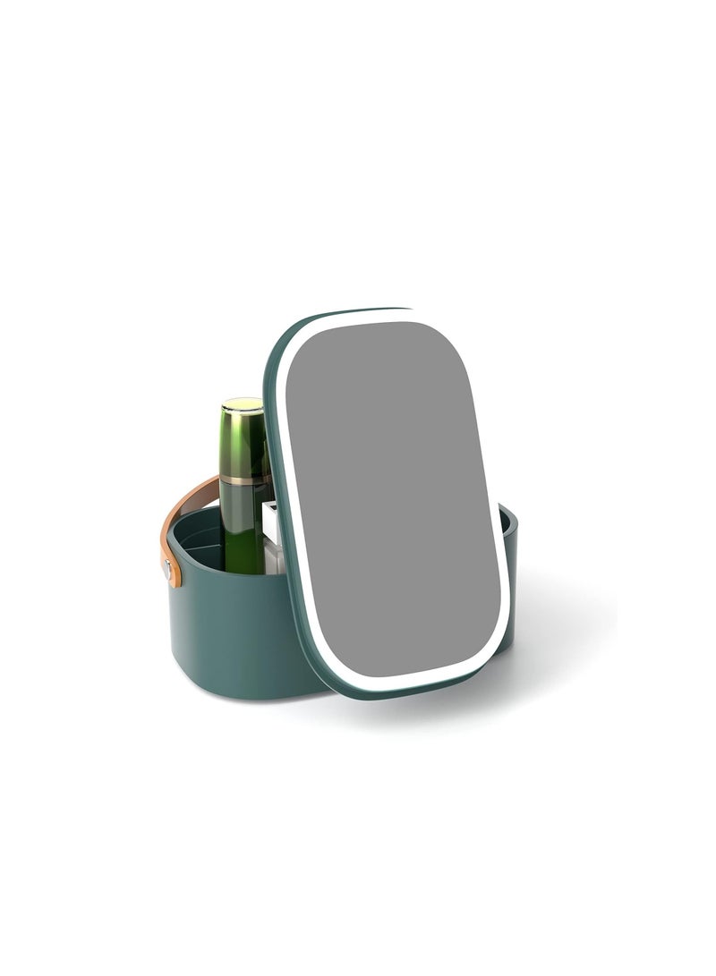 KASTWAVE Makeup Case with Mirror and LED Light, Portable Travel Makeup Organizer with Silicone Handle for Bedroom Camping Business Travel, Dark Green - Image 1