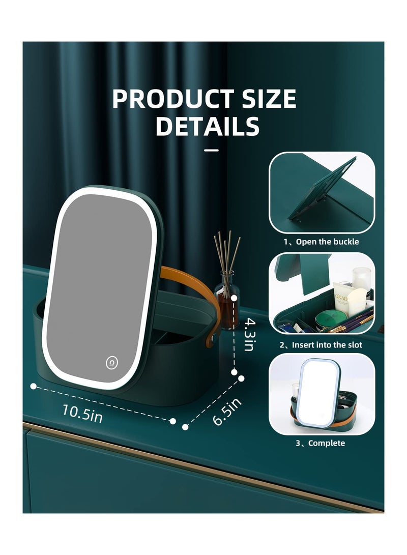 KASTWAVE Makeup Case with Mirror and LED Light, Portable Travel Makeup Organizer with Silicone Handle for Bedroom Camping Business Travel, Dark Green - Image 3