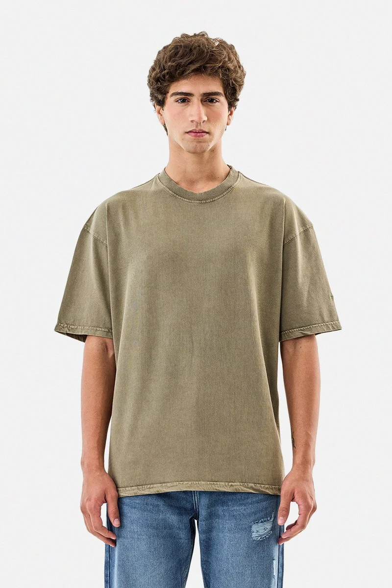 سنيتش Olive Solid Half Sleeve Oversized Streetwear T-Shirt