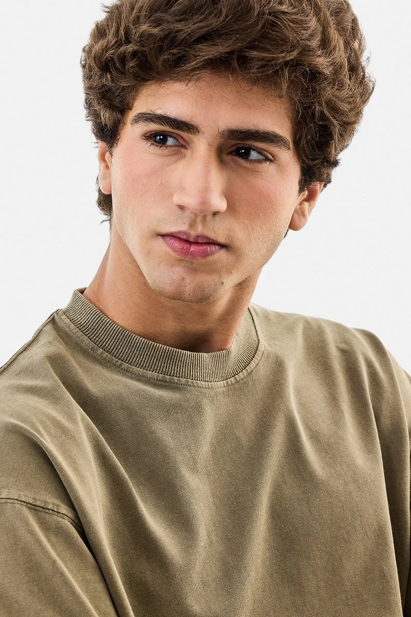 سنيتش Olive Solid Half Sleeve Oversized Streetwear T-Shirt