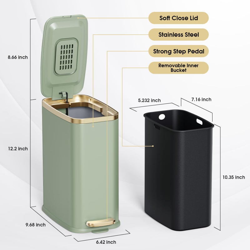 CEROELDA Small Bathroom Trash Can with Lid Soft Close-5L/1.3 Gal Slim Garbage Can-Metal Step Wastebasket-Rectangle Narrow Waste Bin for Office, Bedroom, Toilet, Live Room-Green - Image 5