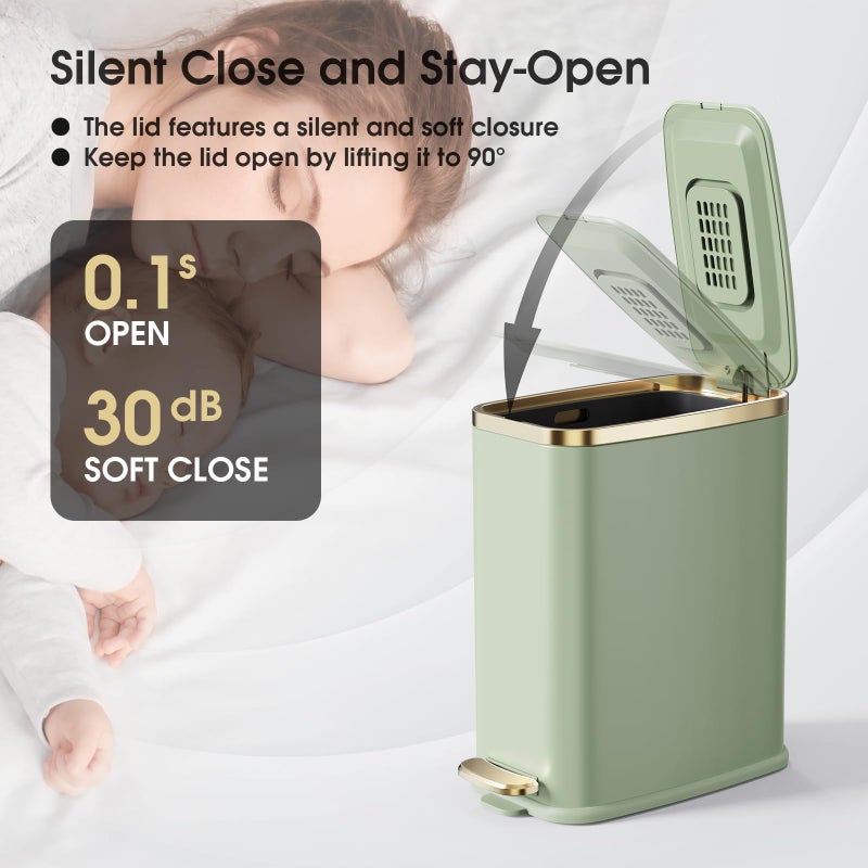 CEROELDA Small Bathroom Trash Can with Lid Soft Close-5L/1.3 Gal Slim Garbage Can-Metal Step Wastebasket-Rectangle Narrow Waste Bin for Office, Bedroom, Toilet, Live Room-Green - Image 4