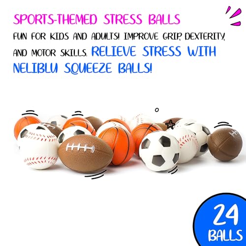 Neliblu Set of 24 Sports 25 Stress Balls Includes Soccer Ball Basketball Football Baseball Squeeze Balls for Stress Relief Party Favors Ball Games and Prizes Stocking Stuffers Bulk 2 Dozen - Image 5