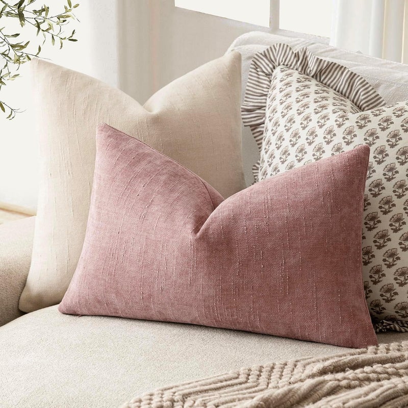 Foindtower Pack of 2 Textured Chenille Throw Decorative Pillow Covers Square Accent Solid Cushion Cover Neutral Farmhouse Lumbar Pillow Case for Couch Sofa Bedroom Living Room 12x20 Inch,Dusty Rose - Image 4