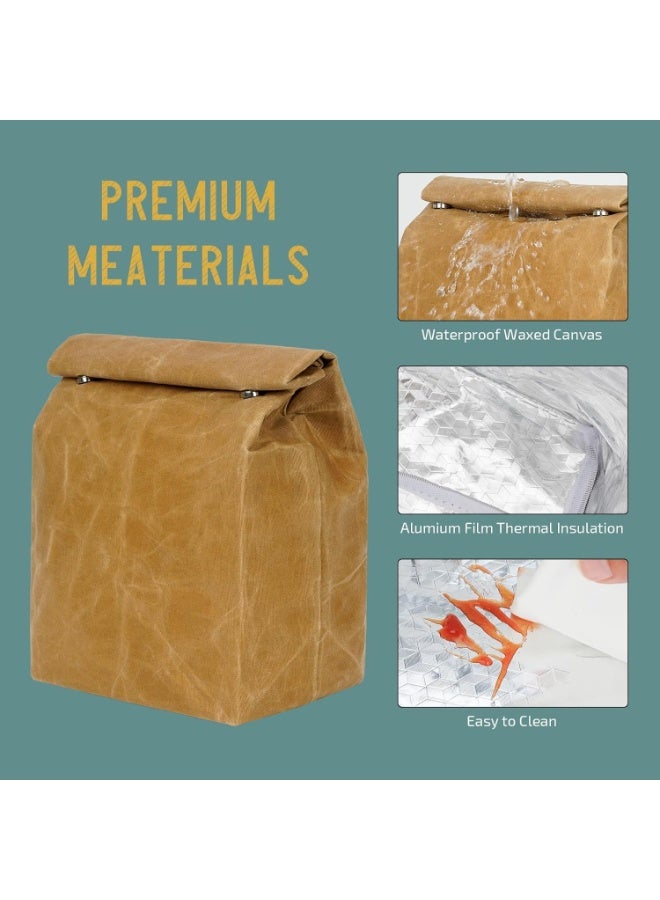 SYOSI Vintage Waxed Canvas Lunch Bag, Insulated Reusable Lunch Boxes for Men & Women, Waterproof & Leak Proof Food Pouch for Office Work, Picnics, Hiking, Shool (6-Can Capacity, Yellow) - Image 2