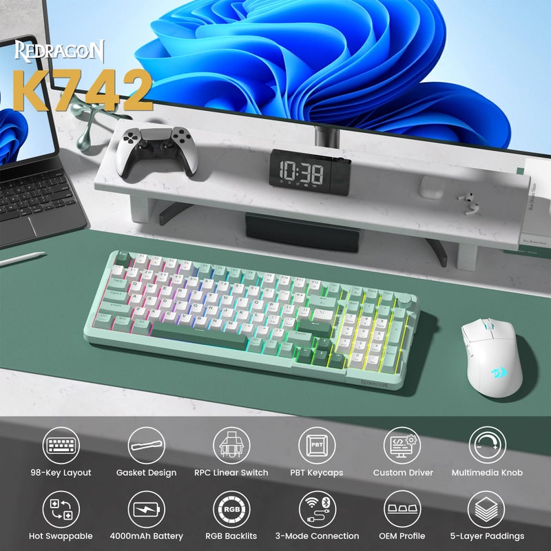 Redragon K742 Wireless Mechanical Gaming Keyboard with Knob, Bluetooth 5.0/2.4GHz/USB C Wired Creamy Keyboard with Number Pad for PC Computer, RGB Backlits, Hot-Swappable with Linear Switches (Green) - Image 1