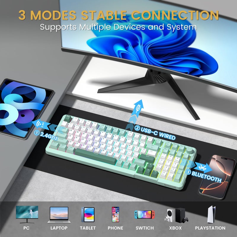 Redragon K742 Wireless Mechanical Gaming Keyboard with Knob, Bluetooth 5.0/2.4GHz/USB C Wired Creamy Keyboard with Number Pad for PC Computer, RGB Backlits, Hot-Swappable with Linear Switches (Green) - Image 2