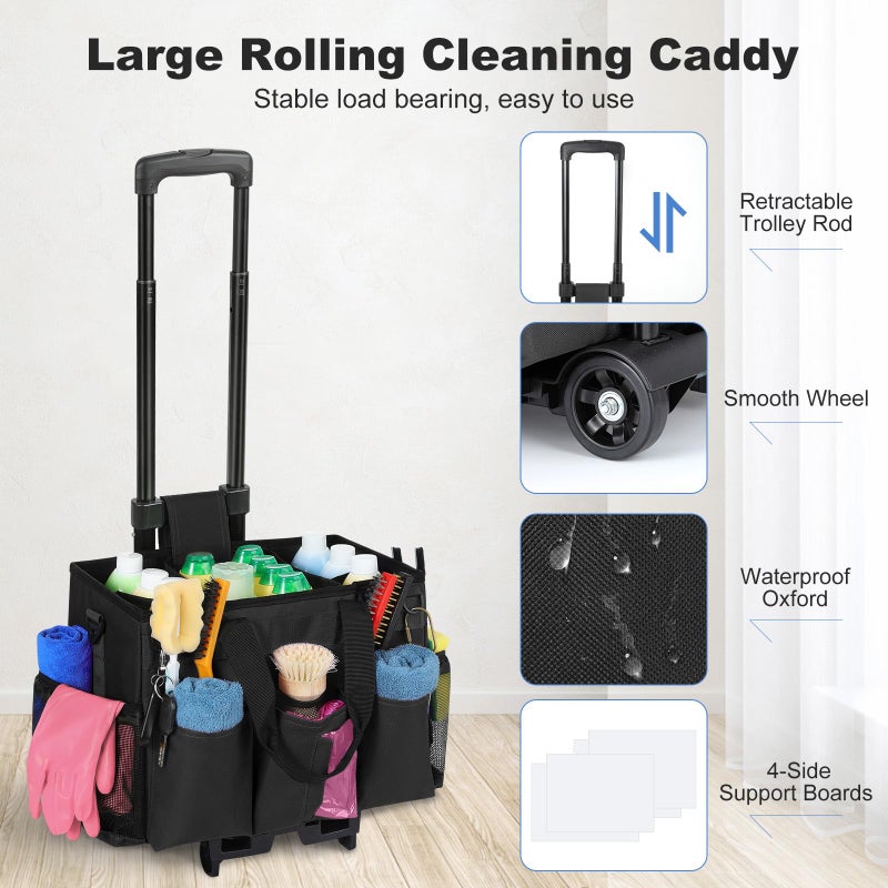 Housolution Rolling Cleaning Caddy Bag with Detachable Trolley, Professional Portable Large Cleaning Bag with Wheels, Wearable Cleaning Supply Bag on Wheels for Housekeepers, Black - Image 2