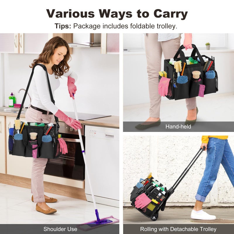 Housolution Rolling Cleaning Caddy Bag with Detachable Trolley, Professional Portable Large Cleaning Bag with Wheels, Wearable Cleaning Supply Bag on Wheels for Housekeepers, Black - Image 5