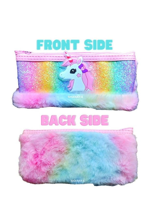 SHANAYA Multipurpose Cute Unicorn Sequin Plush Furry Pen Pencil Pouch for Girls Boys Kids Stationery Items (Random Color) Pack of 1 - Image 2