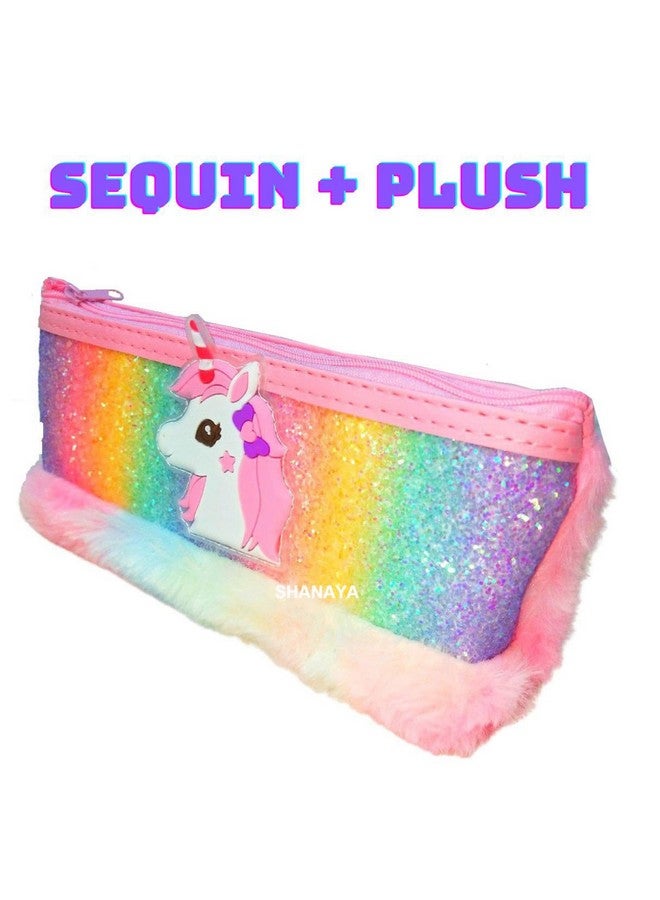 SHANAYA Multipurpose Cute Unicorn Sequin Plush Furry Pen Pencil Pouch for Girls Boys Kids Stationery Items (Random Color) Pack of 1 - Image 5