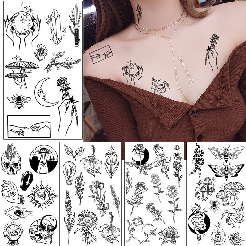 GLARYYEARS 150+ Pattern Black Tiny Temporary Tattoo  Hands Face Halloween Tattoo Sticker for Men Women  Flower Space Moon Snake Designs Body Art on Arm Neck Shoulder Clavicle Waterproof - Image 2