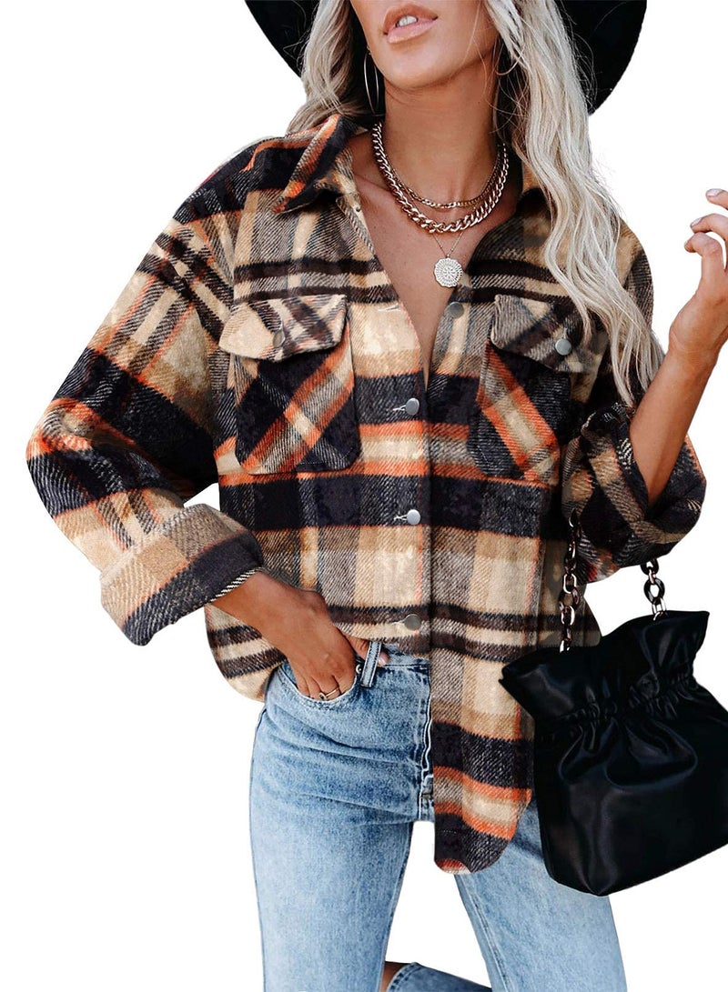 AUTOMET Shackets for Women Plaid Flannel Shirts Fall Winter Jackets Cute Tops Trendy Western Cowgirl Outfits Girls Coats Orangeblack XXL - Image 1
