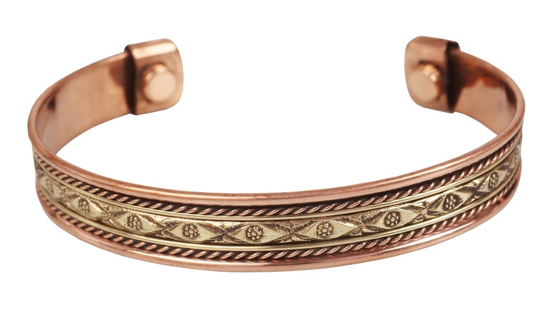 Touchstone Handcrafted Copper Brass Beautiful Attractive Patterns Magnetic Tibetan Bracelet In Two Tones For Men And Women. - Image 1