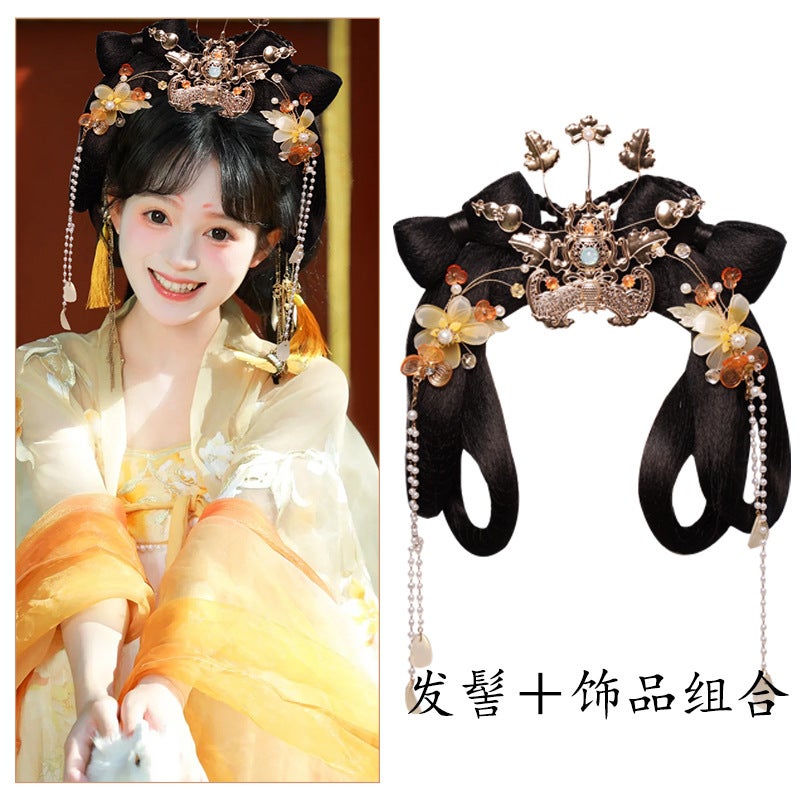Generic Antique Hanfu Fake Hair Bag Ancient Suit One-piece Bun Headwear Tang Style Bow Hair Full Set Pad Hair Bag Shape L221 pair + M399 single + RX166 bun single