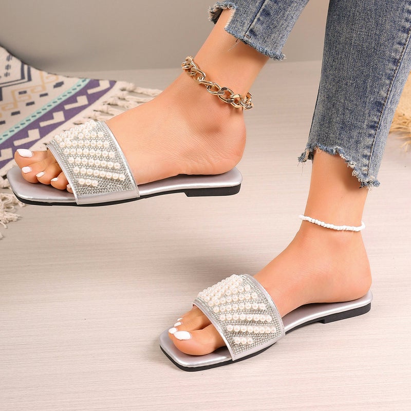 Chanel Style Pearl Slippers Women'S 2024 Style Plus Size Square Head Flat Bottom Outer Wear Sandals And Slippers For Women - Image 5