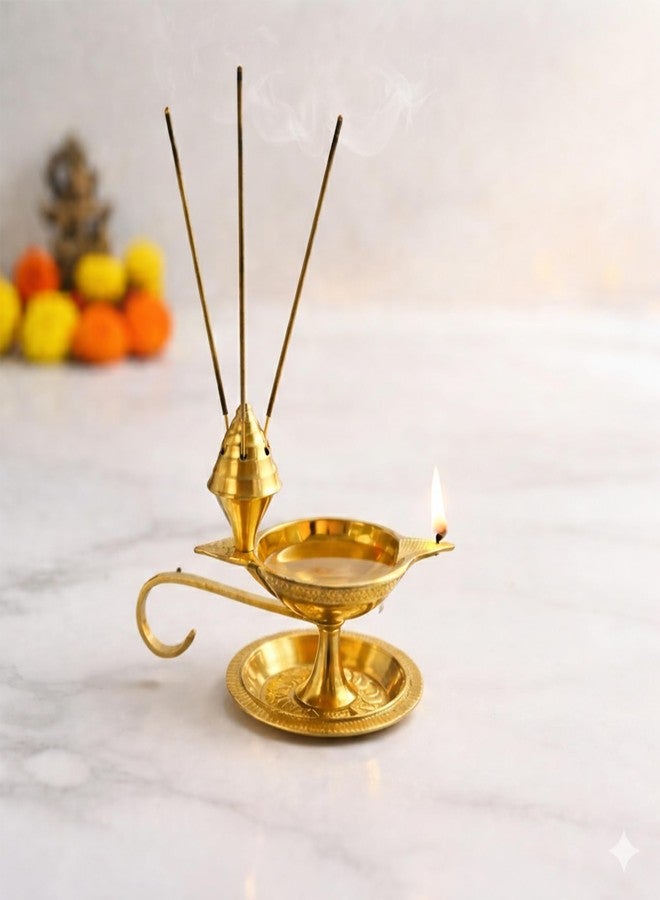 Putrika Brass Diya Deepak Deepam with Plate & Incense Holder| Traditional Brass Oil Lamp for Pooja, Aarti, Home Mandir, Diwali, Navratri & Hindu Ritual Decor (97g) - Image 1