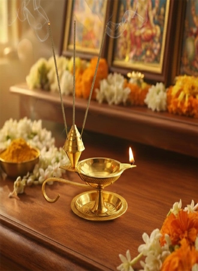Putrika Brass Diya Deepak Deepam with Plate & Incense Holder| Traditional Brass Oil Lamp for Pooja, Aarti, Home Mandir, Diwali, Navratri & Hindu Ritual Decor (97g) - Image 3
