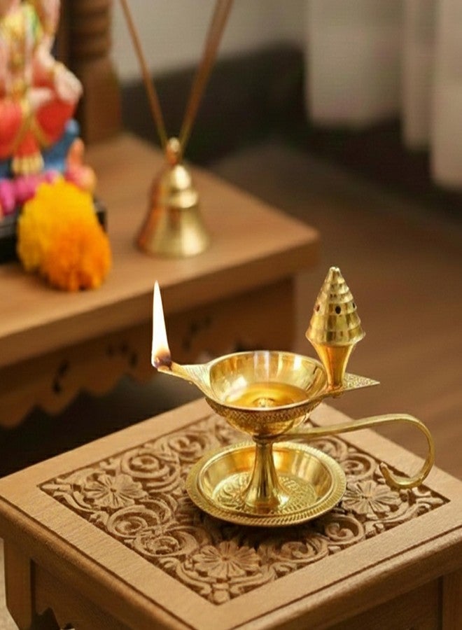Putrika Brass Diya Deepak Deepam with Plate & Incense Holder| Traditional Brass Oil Lamp for Pooja, Aarti, Home Mandir, Diwali, Navratri & Hindu Ritual Decor (97g) - Image 2