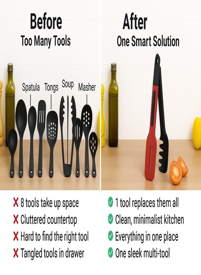 elTeeCee 8-in-1 Silicone Kitchen Utensil Turner Spatula Spoon Tongs for Cooking - Nonstick Heat-Resistant Spoon Spatula, Slotted Turner, Server, Slicer, Masher, Pasta Fork and Herb Stripper for RVs and Camping - Image 3