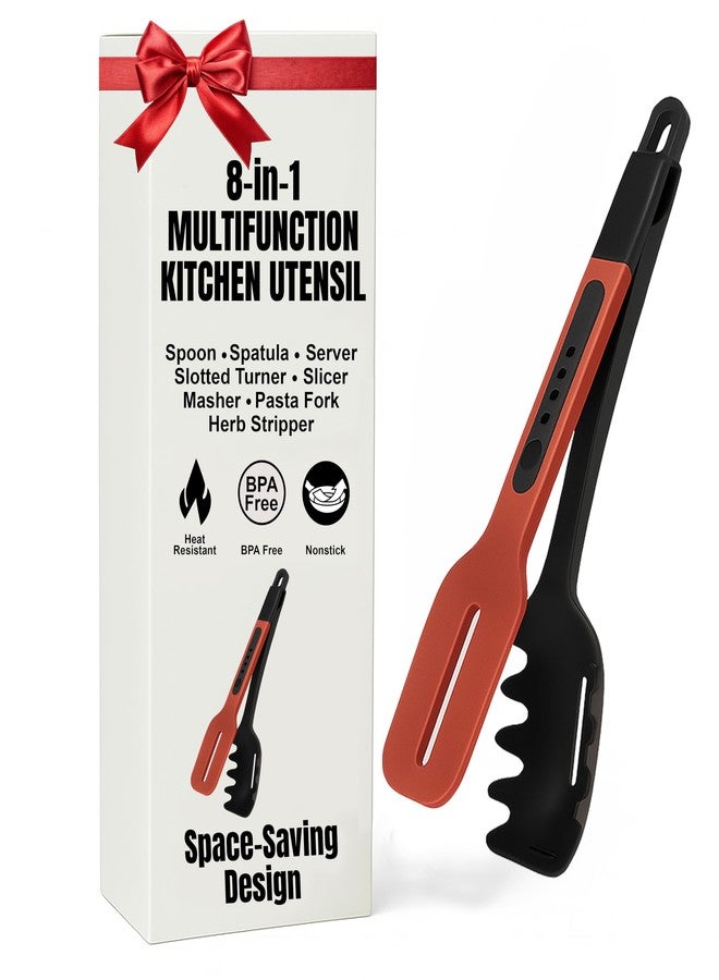 elTeeCee 8-in-1 Silicone Kitchen Utensil Turner Spatula Spoon Tongs for Cooking - Nonstick Heat-Resistant Spoon Spatula, Slotted Turner, Server, Slicer, Masher, Pasta Fork and Herb Stripper for RVs and Camping - Image 1