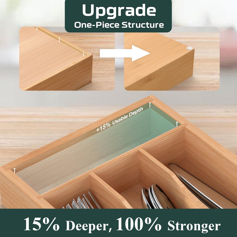 BEKVEM Small Silverware Organizer, Bamboo Kitchen Drawer Organizer, Utensil Holder, Cutlery Tray & Spoon Flatware Storage with Grooved Drawer Dividers (6.7''W x 12''D) - Image 5