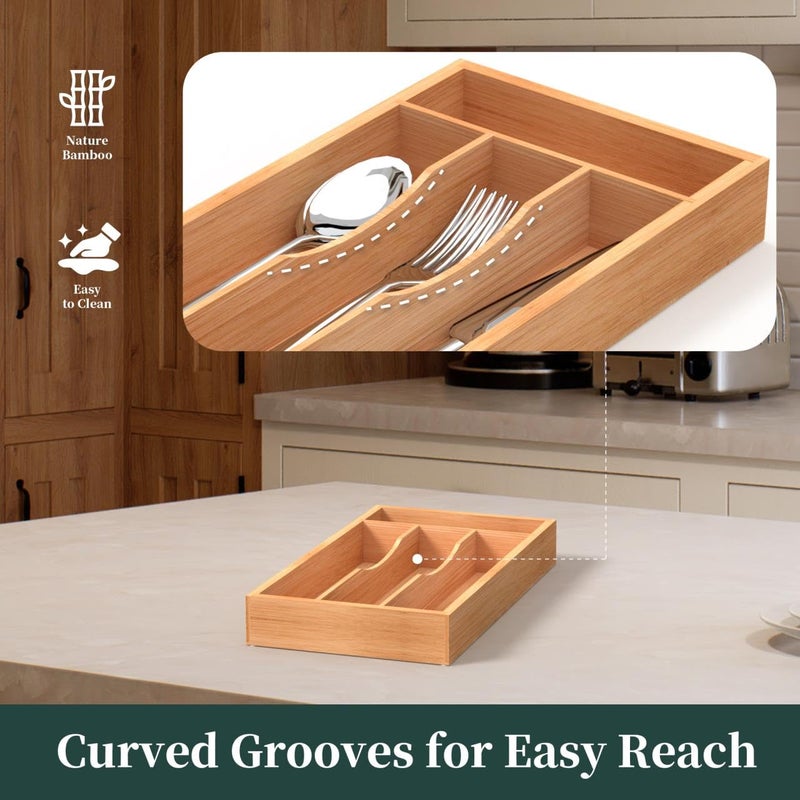 BEKVEM Small Silverware Organizer, Bamboo Kitchen Drawer Organizer, Utensil Holder, Cutlery Tray & Spoon Flatware Storage with Grooved Drawer Dividers (6.7''W x 12''D) - Image 3