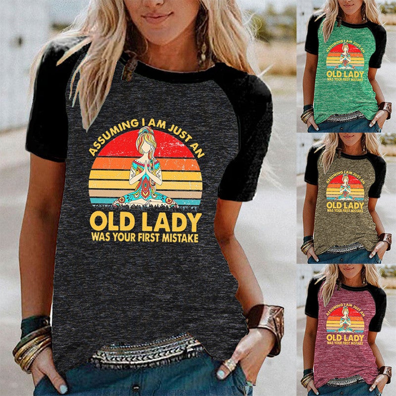 Wish Old Lady Pattern Printed Raglan Contrast Short Sleeve T-Shirt - Image 2