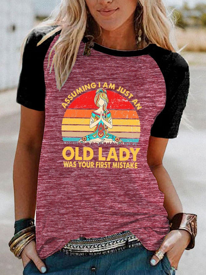 Wish Old Lady Pattern Printed Raglan Contrast Short Sleeve T-Shirt - Image 1
