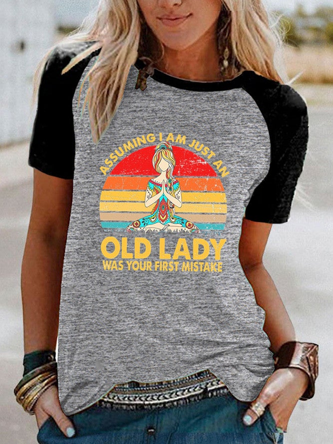 Wish Old Lady Pattern Printed Raglan Contrast Short Sleeve T-Shirt - Image 4