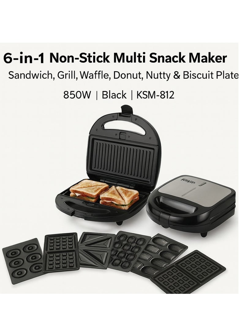 كليكون صانعة سناك متعددة 6 في 1 غير لاصقة | سندويتش، شواء، وافل، دونات، نوتي وبسكويت | صفائح قابلة للفصل | 850 واط | أسود | KSM-812 - Image 2