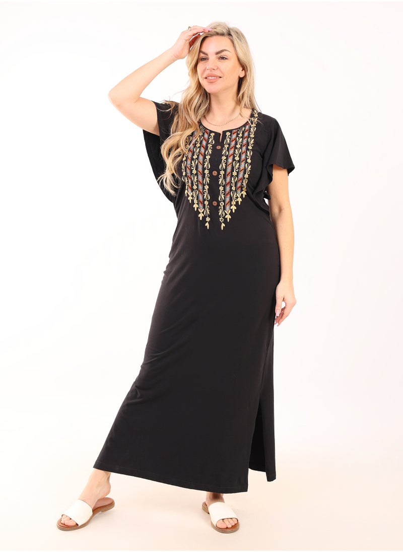 zecotex  Summer Maxi Abaya | Black Embroidered Long Nightgown | Elegant Butterfly Half Sleeves | Viscose Maxi Dress | Lightweight Fabrics for Maximum Comfort | Women's Home wear  - Image 1