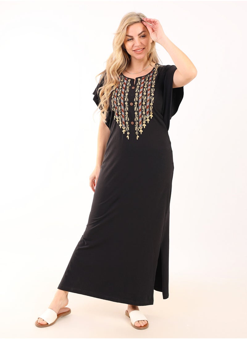 zecotex  Summer Maxi Abaya | Black Embroidered Long Nightgown | Elegant Butterfly Half Sleeves | Viscose Maxi Dress | Lightweight Fabrics for Maximum Comfort | Women's Home wear  - Image 2