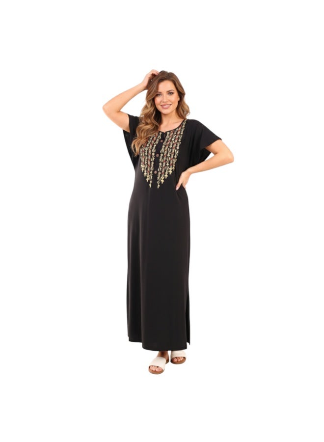 Women's Maxi Cotton Home Dress - Black Long Jalabiya with Intricate Golden Embroidery and Wooden Buttons.
