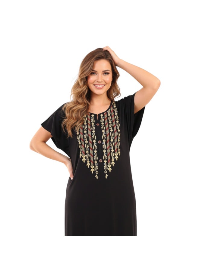 zecotex  Women's Maxi Cotton Home Dress - Black Long Jalabiya with Intricate Golden Embroidery and Wooden Buttons. - Image 2
