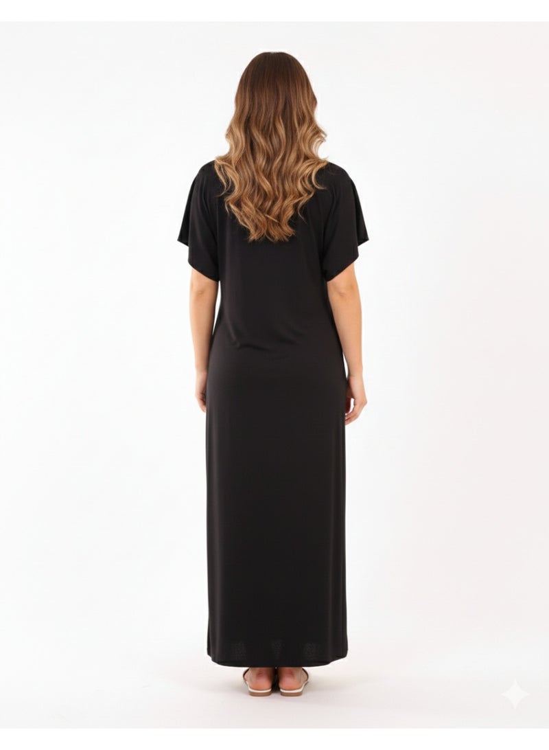 zecotex  Women's Maxi Cotton Home Dress - Black Long Jalabiya with Intricate Golden Embroidery and Wooden Buttons. - Image 4