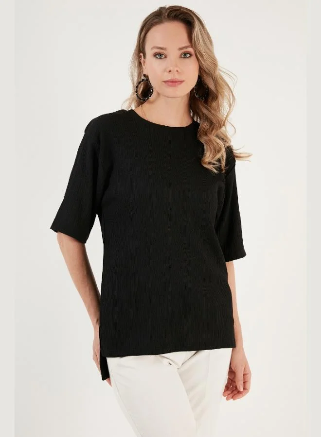 Lela Lela Crew Neck Slit Detailed Crepe Fabric Blouse Women's BLOUSE 5865365