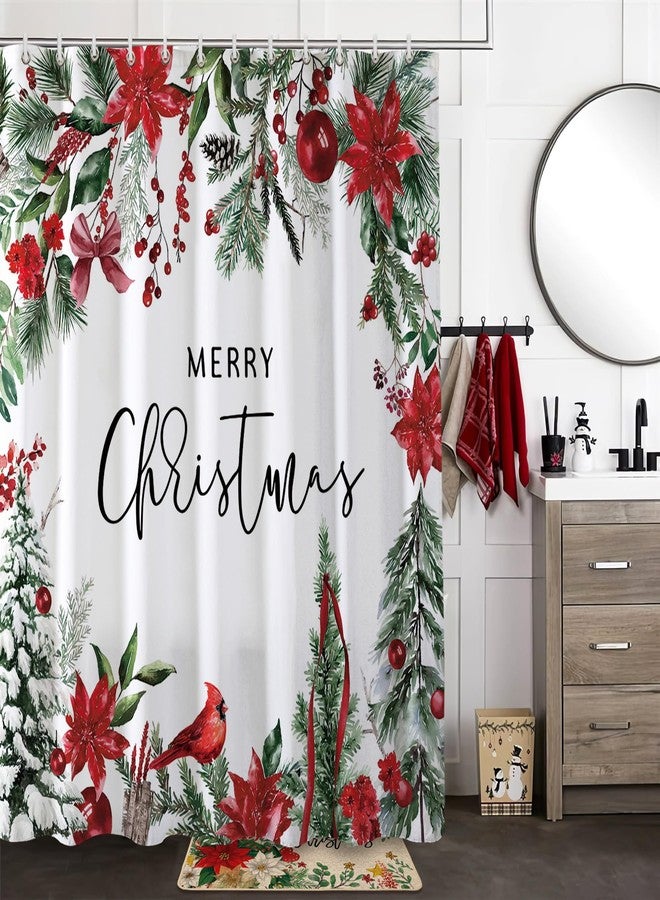Baccessor Merry Christmas Shower Curtain Christmas Tree Poinsettia Ornaments Winter Cardinals Shower Curtain Polyester Fabric Bathroom Bath Home Decor Waterproof Weighted with Hooks 72 W x72 H Inch - Image 2