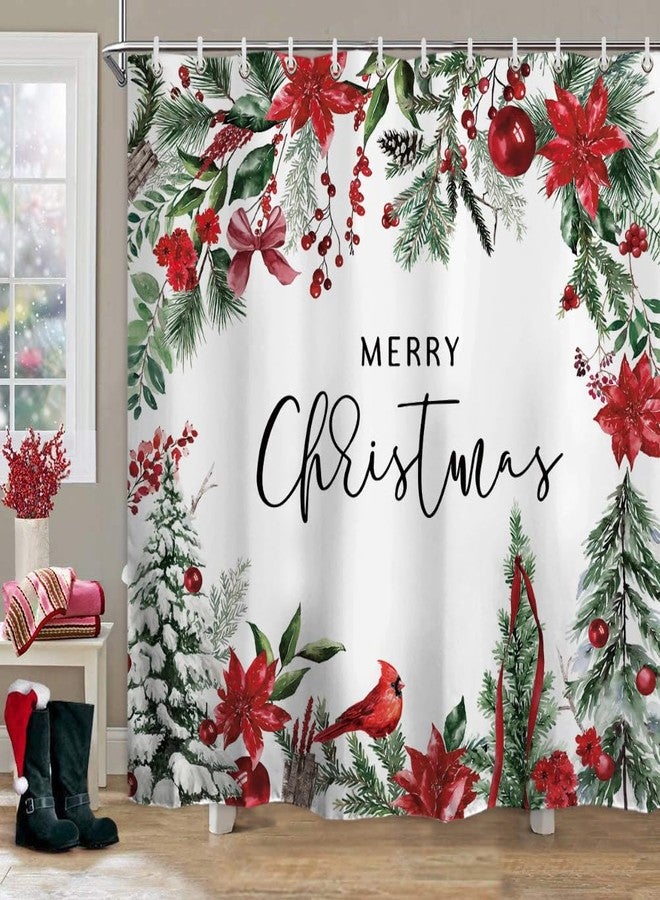 Baccessor Merry Christmas Shower Curtain Christmas Tree Poinsettia Ornaments Winter Cardinals Shower Curtain Polyester Fabric Bathroom Bath Home Decor Waterproof Weighted with Hooks 72 W x72 H Inch - Image 1