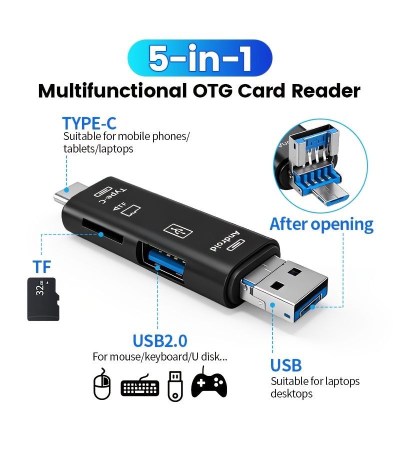 محول بطاقة TF أسود مطور 5 في 1 مع قارئ USB-C OTG لأجهزة الكمبيوتر المحمولة والكاميرات - Image 2