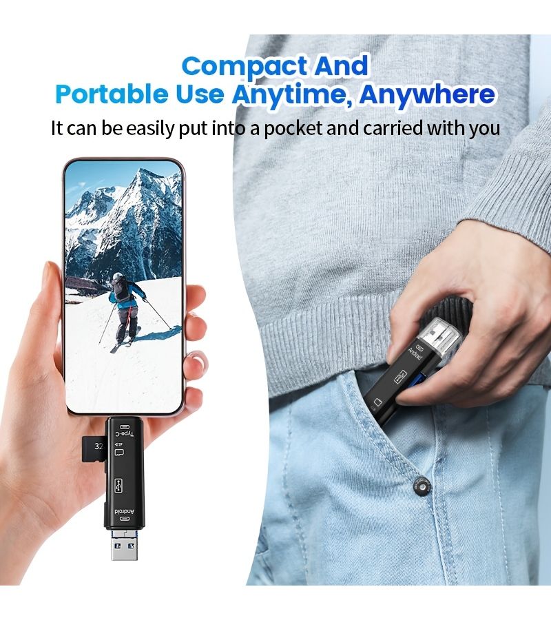 محول بطاقة TF أسود مطور 5 في 1 مع قارئ USB-C OTG لأجهزة الكمبيوتر المحمولة والكاميرات - Image 4