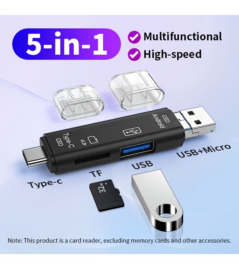 محول بطاقة TF أسود مطور 5 في 1 مع قارئ USB-C OTG لأجهزة الكمبيوتر المحمولة والكاميرات - Image 1